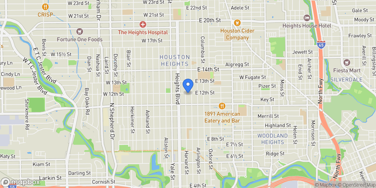 Map showing 208 E 12th Street, Houston, Texas, United States.