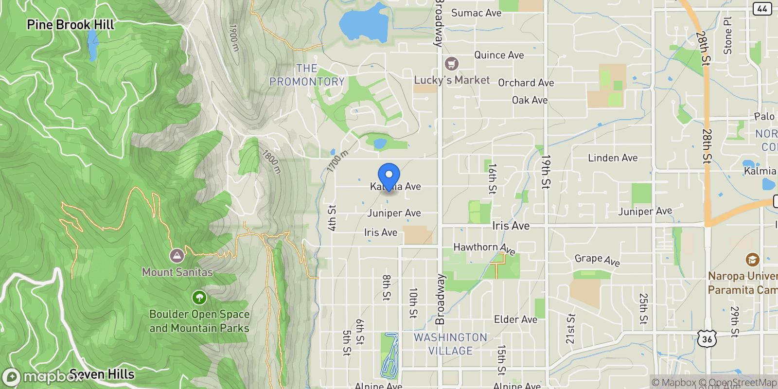 Map showing 800 Kalmia Avenue, Boulder, Colorado, United States.