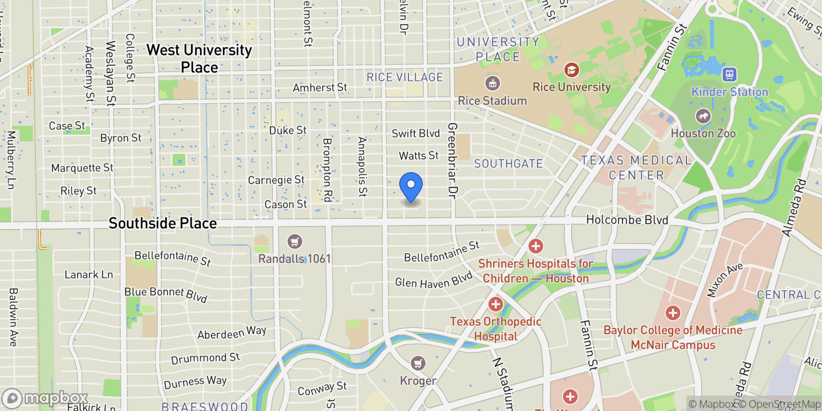Map showing 2430 Sheridan Street, Houston, Texas, United States.