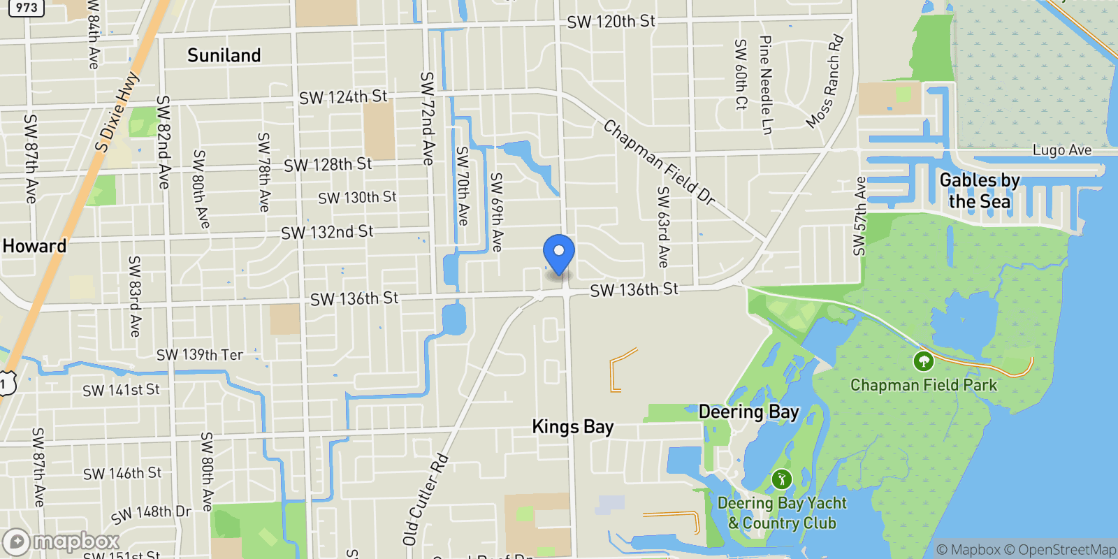 Map showing 13580 SW 67th Ave, Coral Gables, Florida, United States.