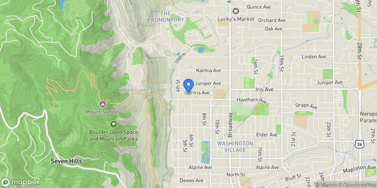 Map showing 550 Iris Avenue, Boulder, Colorado, United States.