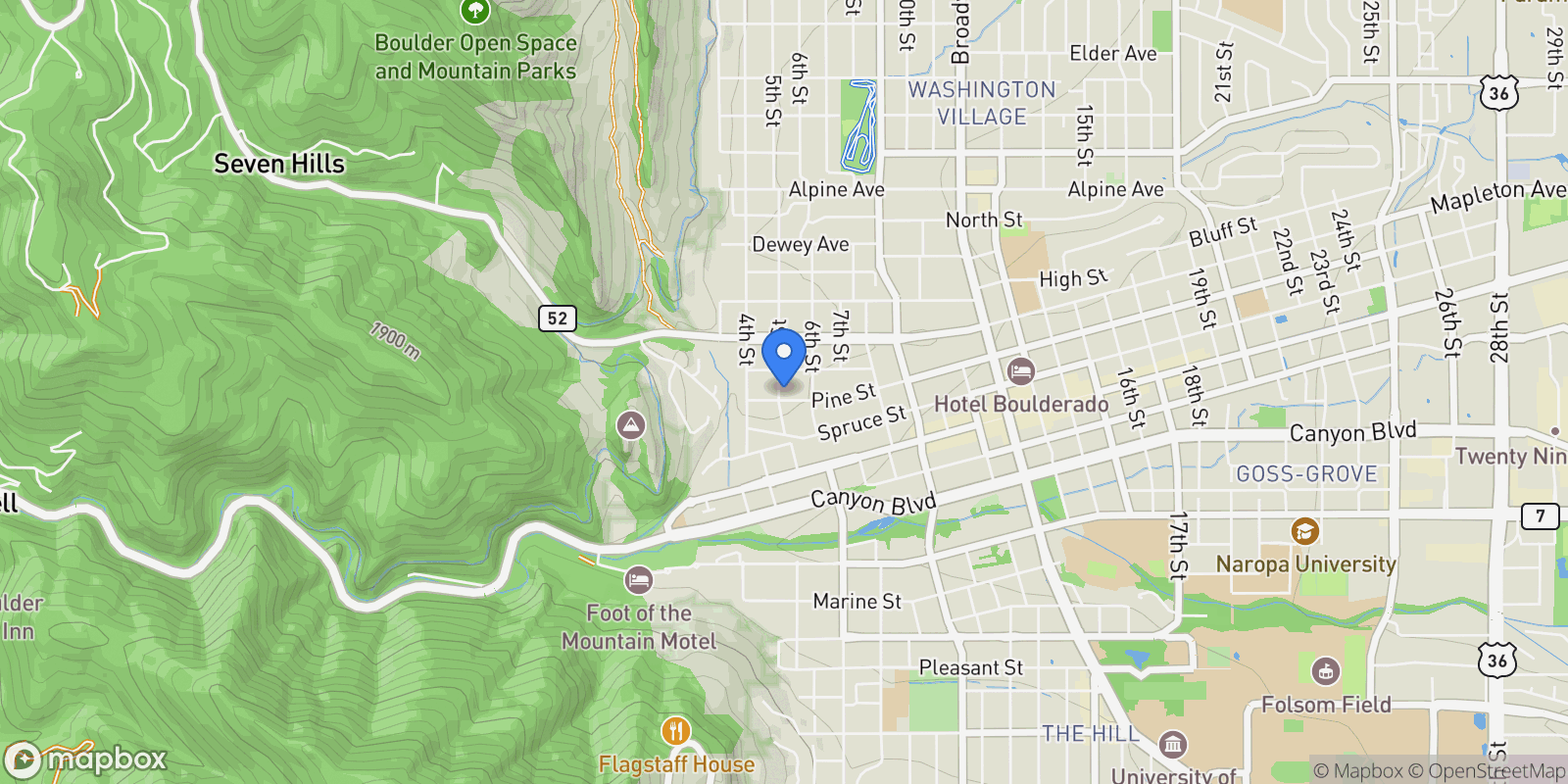 Map showing 505 Pine Street, Boulder, Colorado, United States.