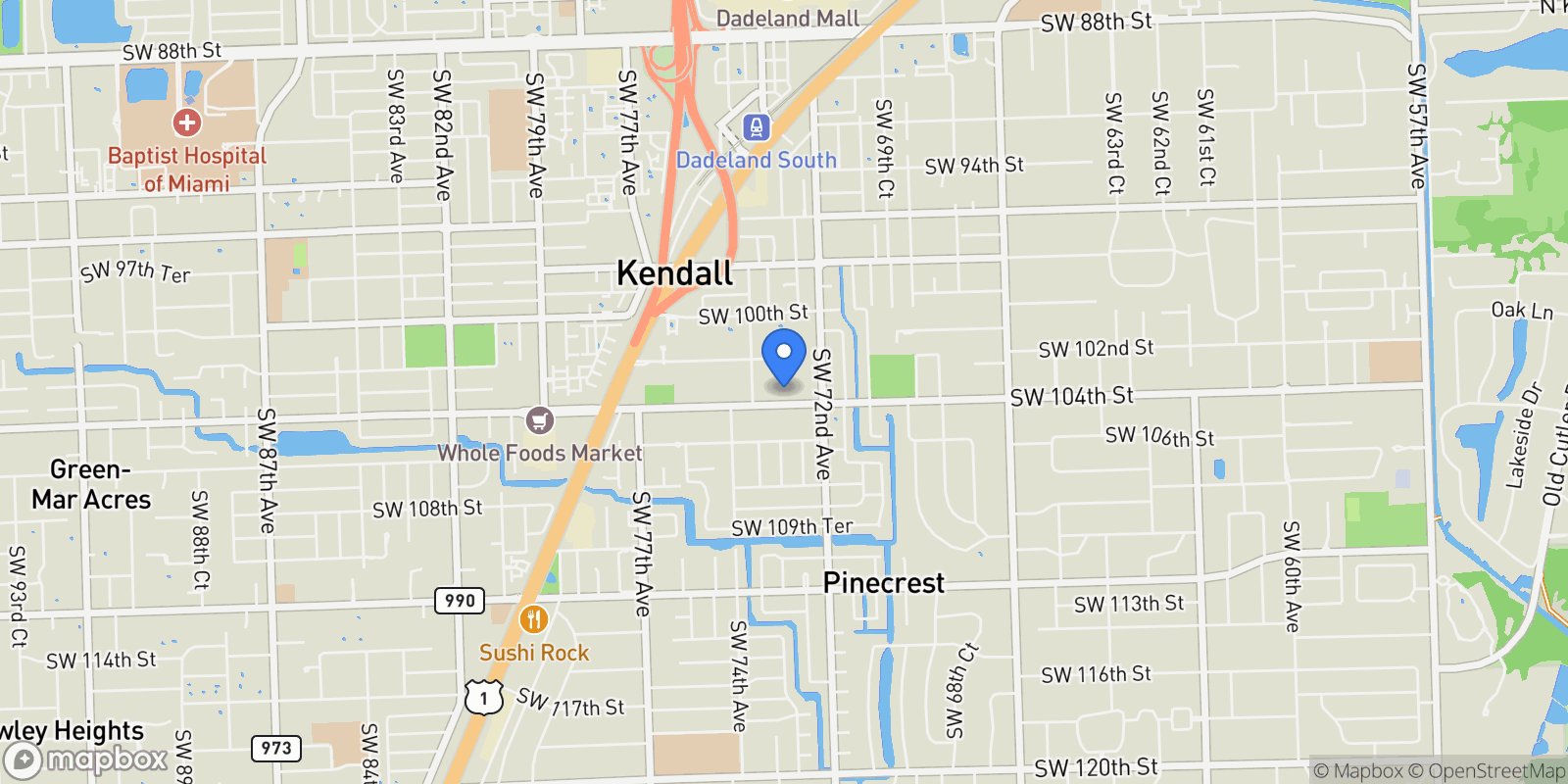 Map showing 7245 SW 104th St, Coral Gables, Florida, United States.