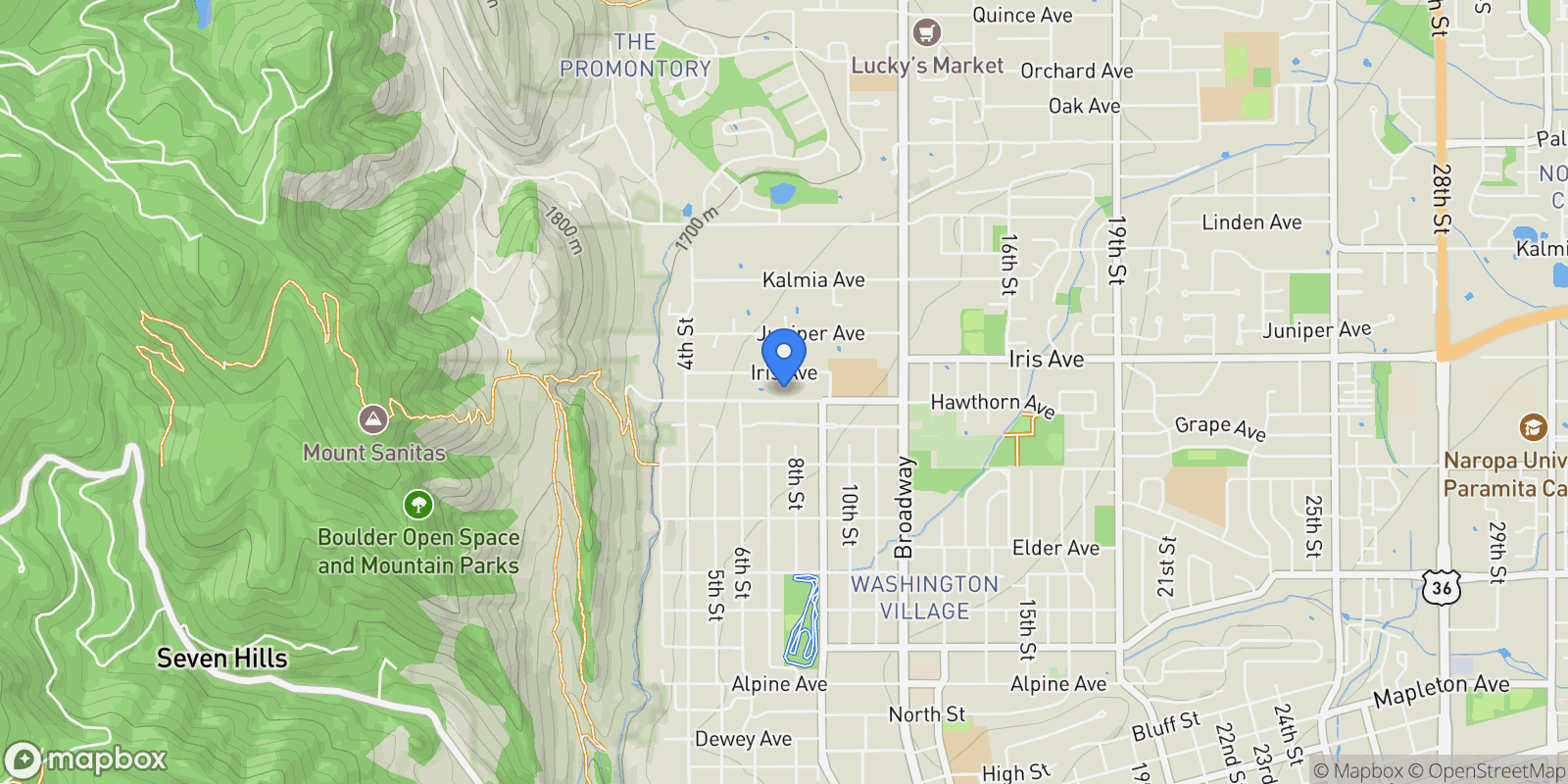 Map showing 711 Hawthorn Avenue, Boulder, Colorado, United States.
