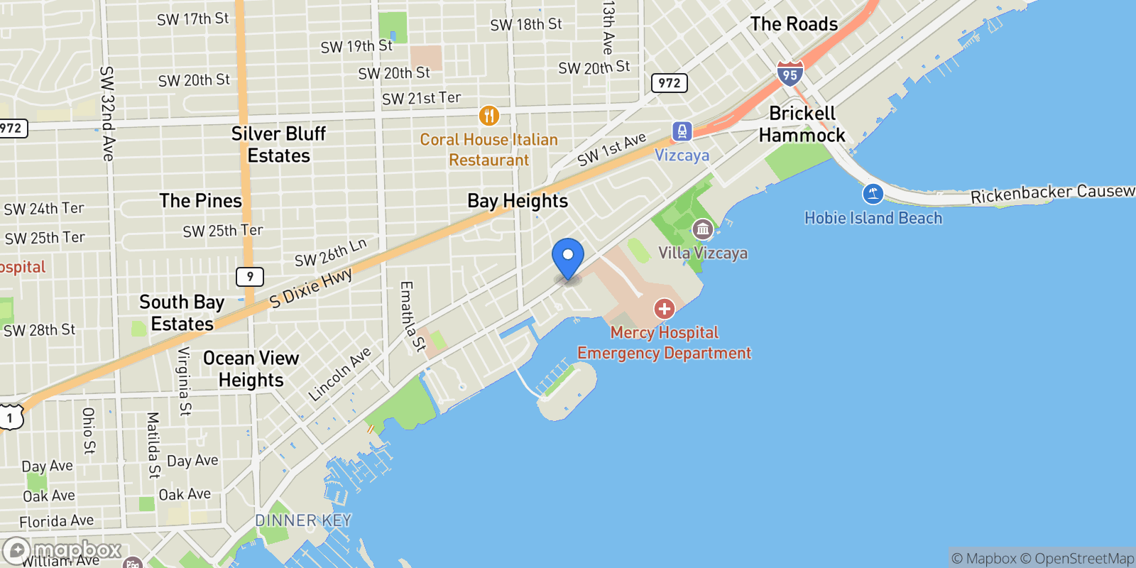 Map showing 1616 S Bayshore Dr, Miami, Florida, United States.