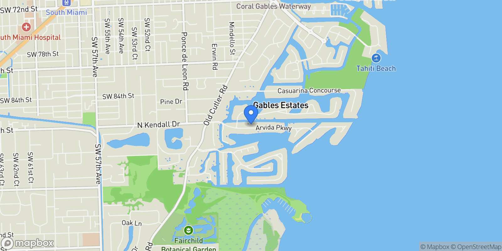 Map showing 555 Arvida Pkwy, Coral Gables, Florida, United States.