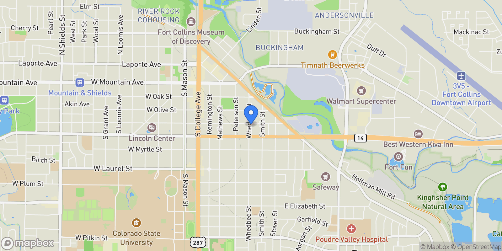 Map showing 400 Whedbee Street, Fort Collins, Colorado, United States.