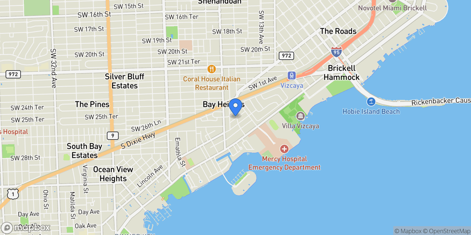 Map showing 1661 Onaway Dr, Miami, Florida, United States.