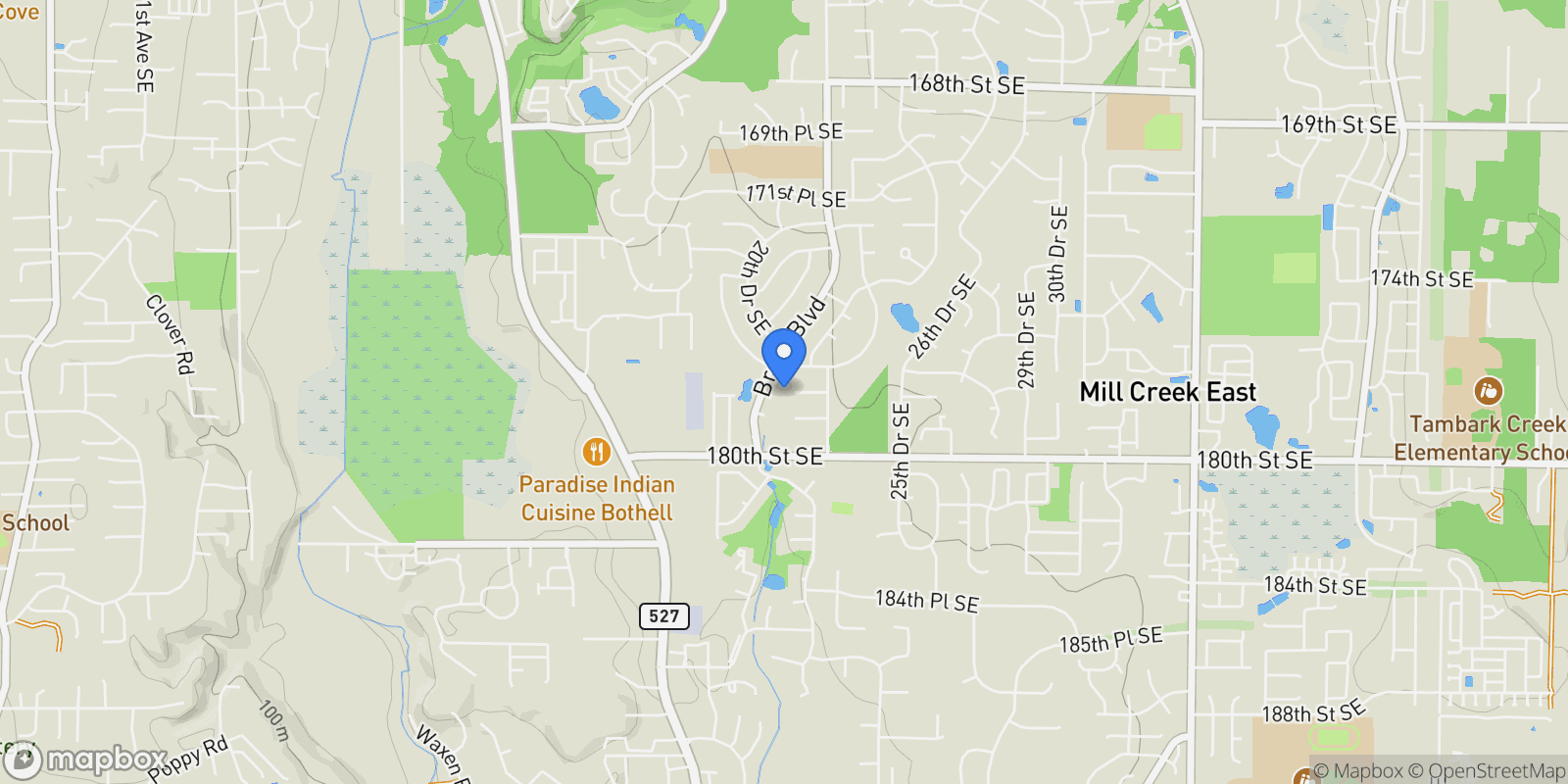 Map showing 2120 SE 178th Street, Bothell, WA, 98012, USA, Mill Creek, Washington, United States.