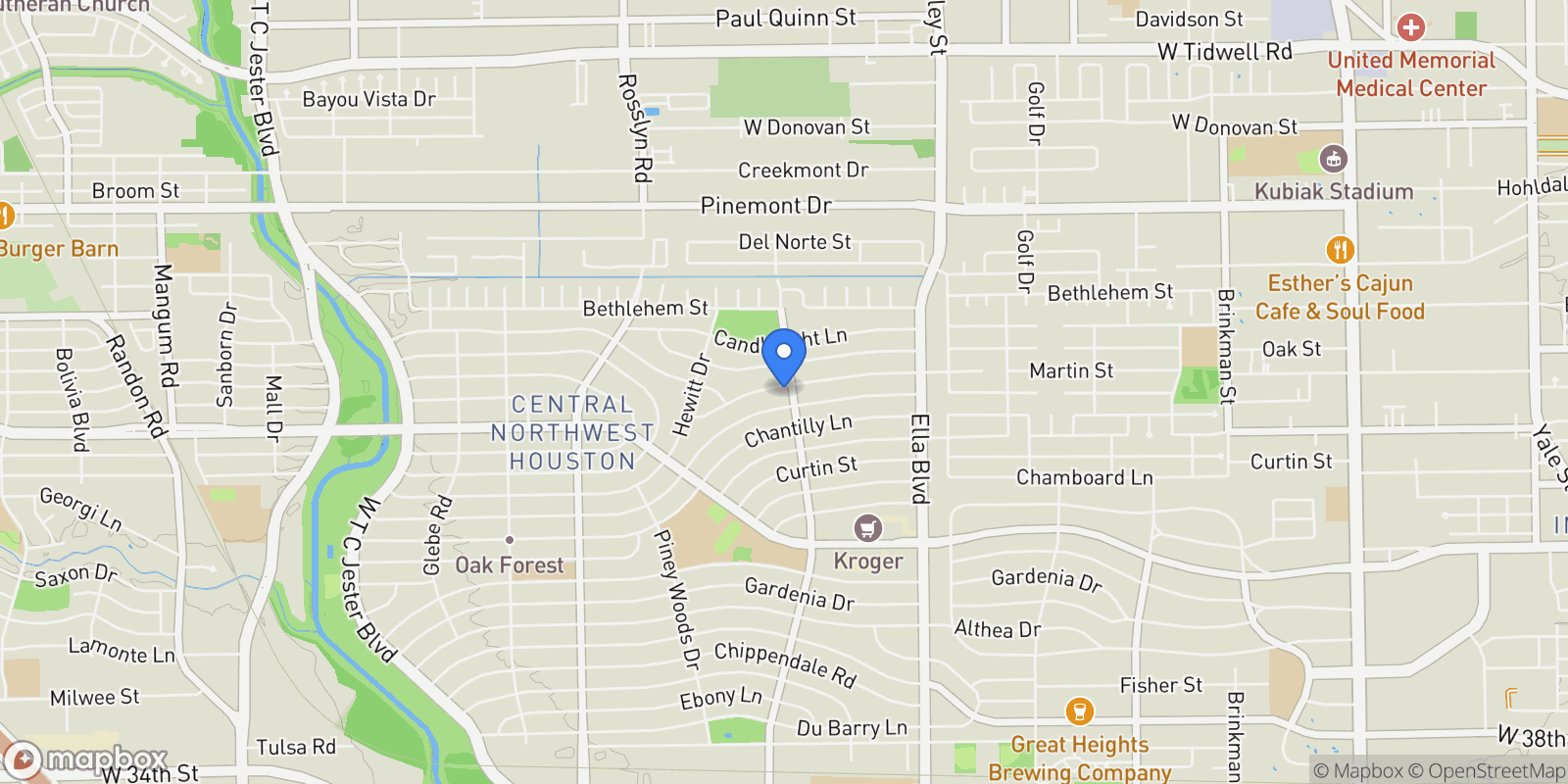 Map showing 1407 Martin Street, Houston, Texas, United States.