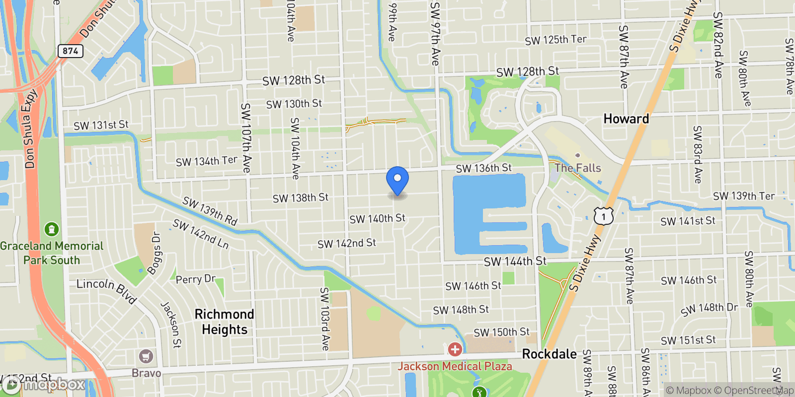 Map showing 9890 SW 138th St, Miami, Florida, United States.