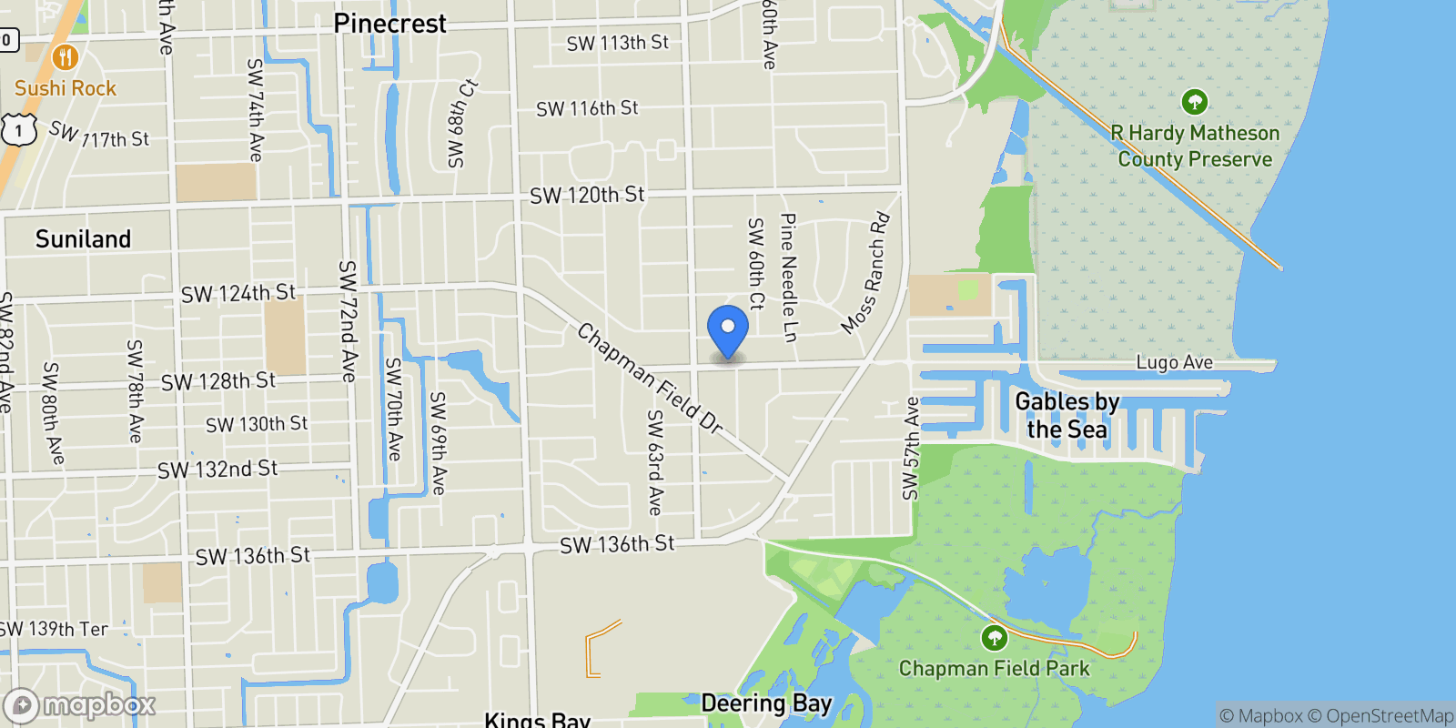 Map showing 6175 SW 128th St, Coral Gables, Florida, United States.