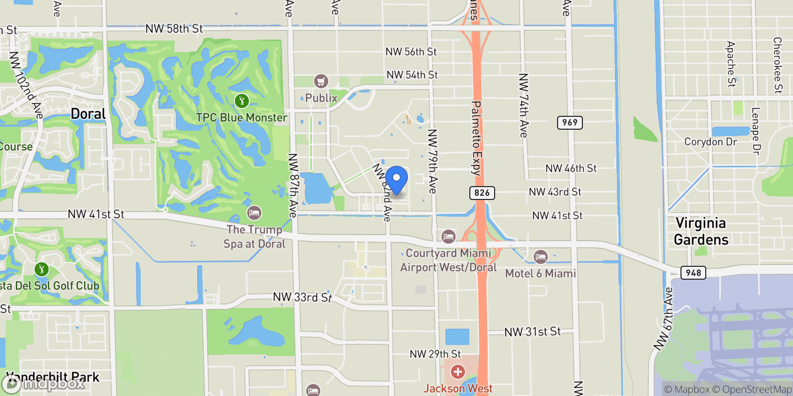 Map showing 8120 NW 43rd St, Miami Springs, Florida, United States.