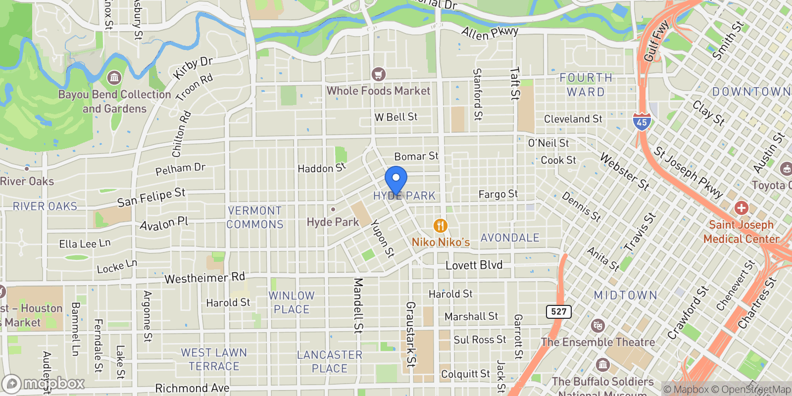 Map showing 1406 Maryland Street, Houston, Texas, United States.