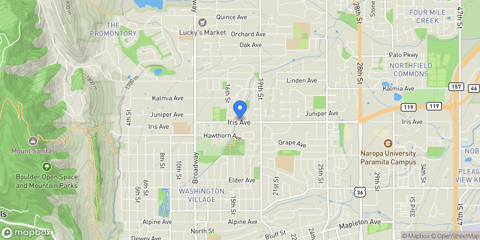Map showing 1717 Iris Avenue, Boulder, Colorado, United States.