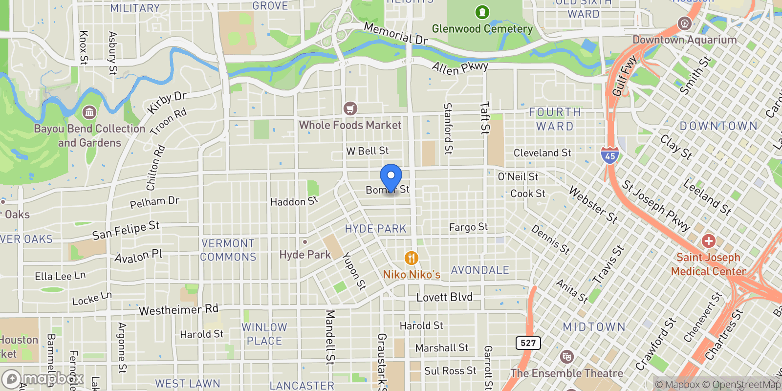 Map showing 1204 Willard Street, Houston, Texas, United States.