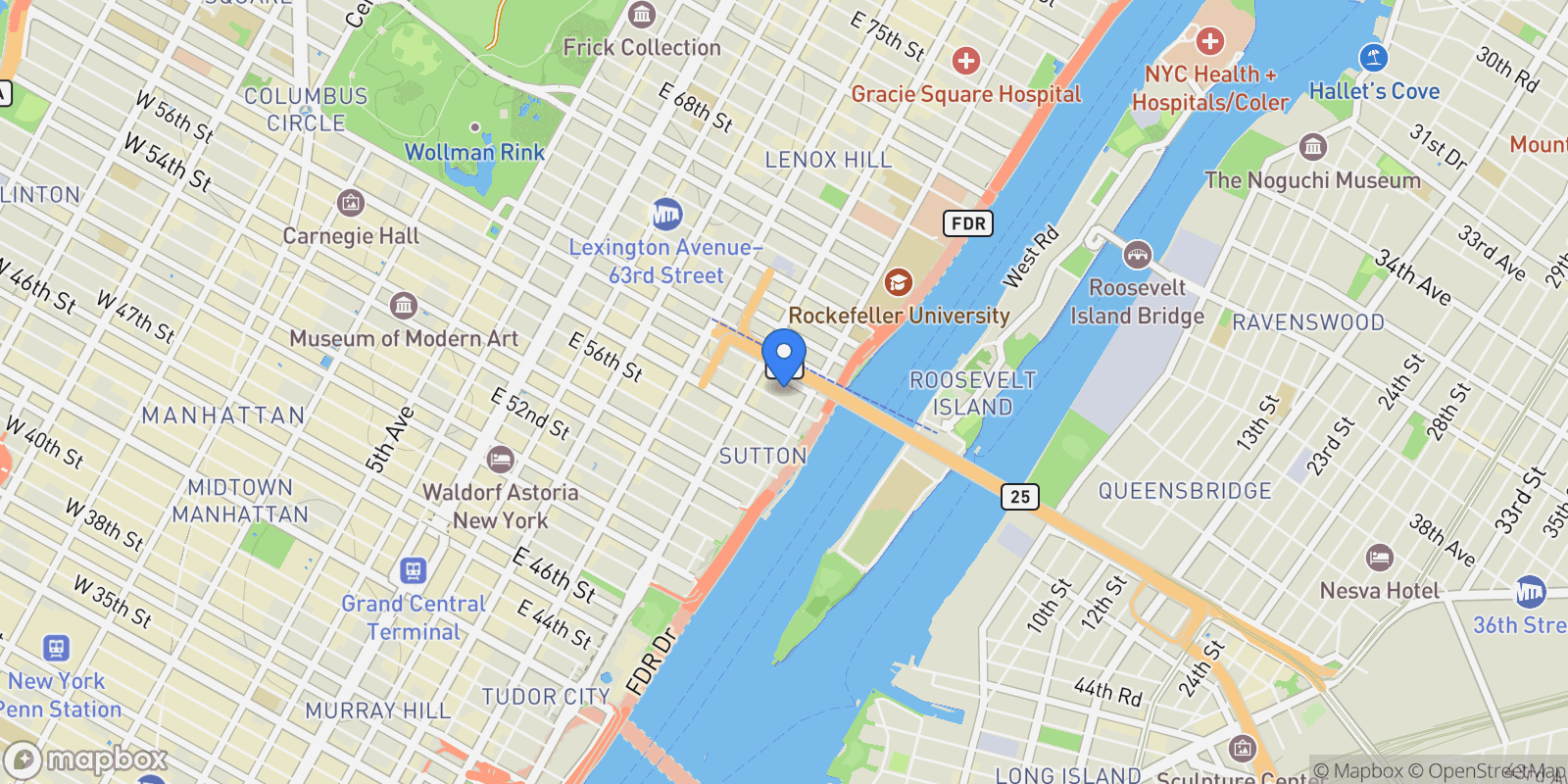 Map showing The Sovereign, 425 E 58TH ST, New York, New York, United States.