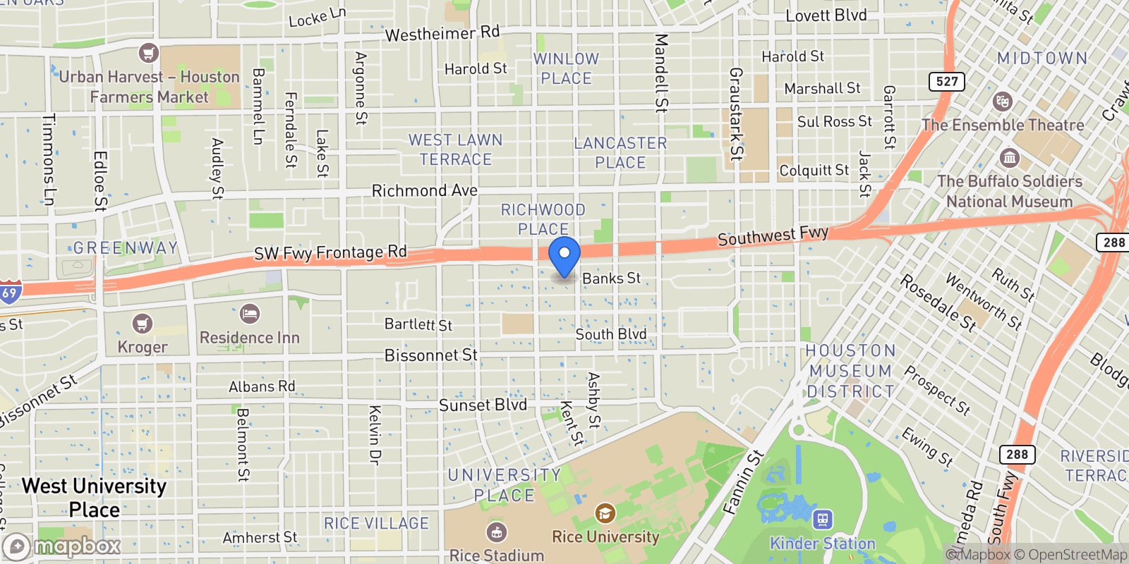 Map showing 1819 Banks Street, Houston, Texas, United States.