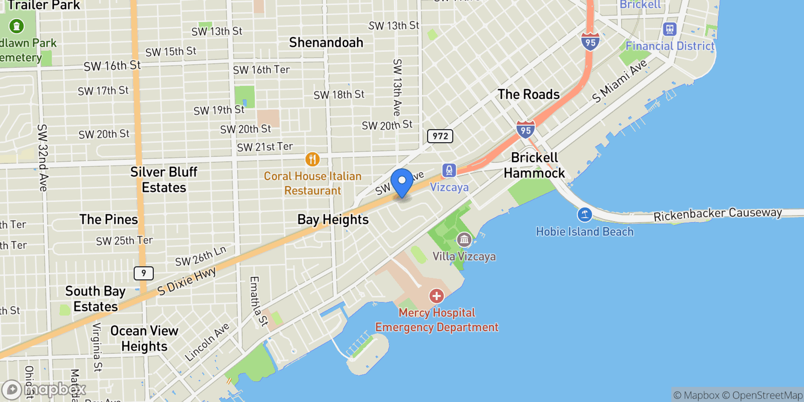 Map showing 84 W Shore Dr, Miami, Florida, United States.
