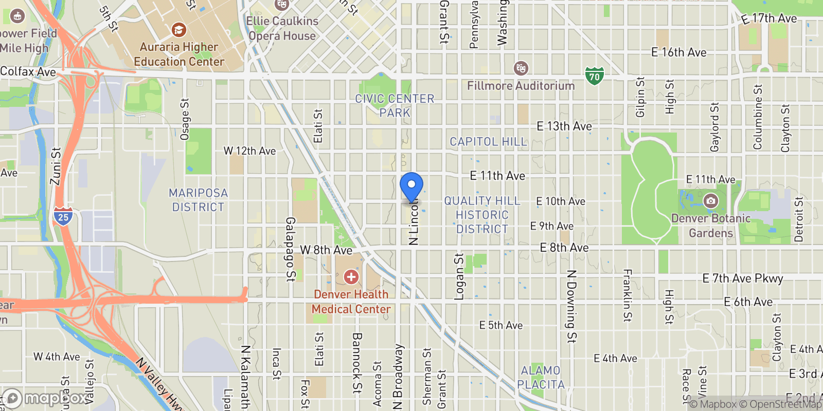 Map showing 975 N Lincoln Street 14D, Denver, Colorado, United States.