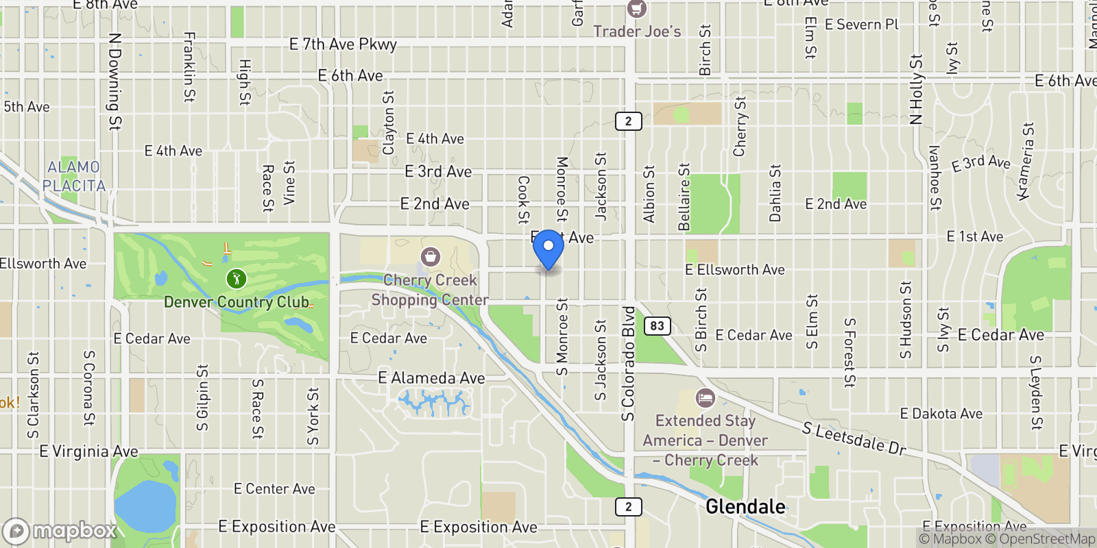Map showing 6 S Madison Street, Denver, Colorado, United States.