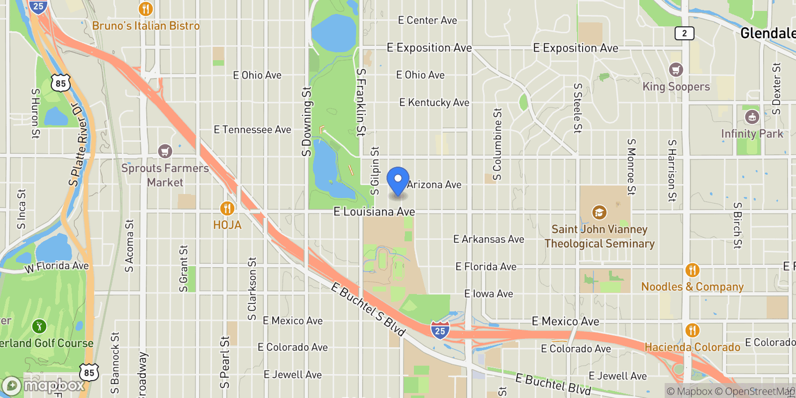 Map showing 1253 S High Street, Denver, Colorado, United States.