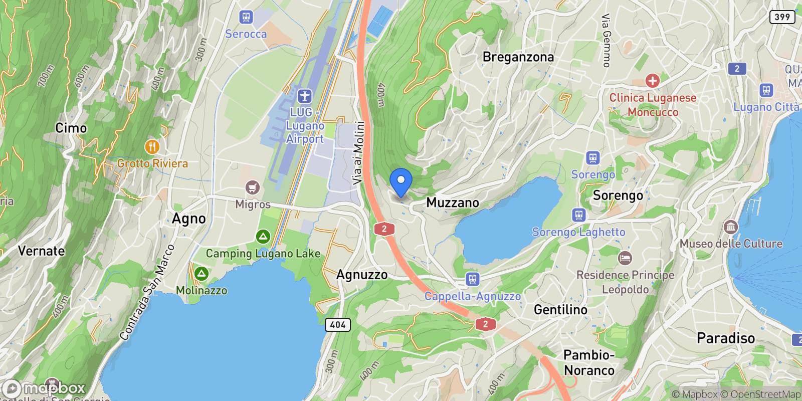 Map showing Muzzano paese, Muzzano, TI 6933, Muzzano, Ticino, Switzerland.