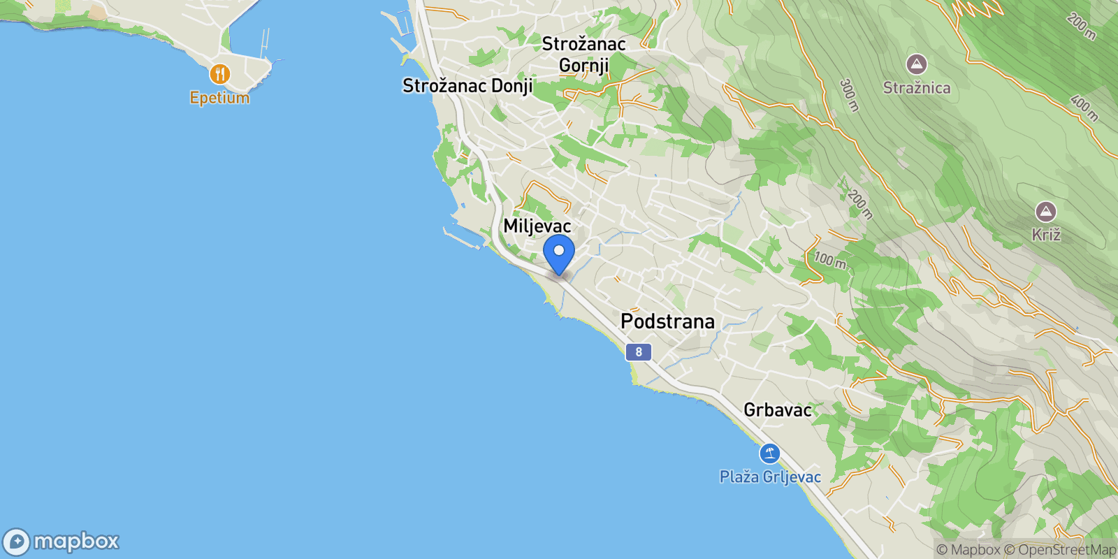 Map showing Podstrana, Croatia, Miljevac, Split-Dalmatia County, Croatia.