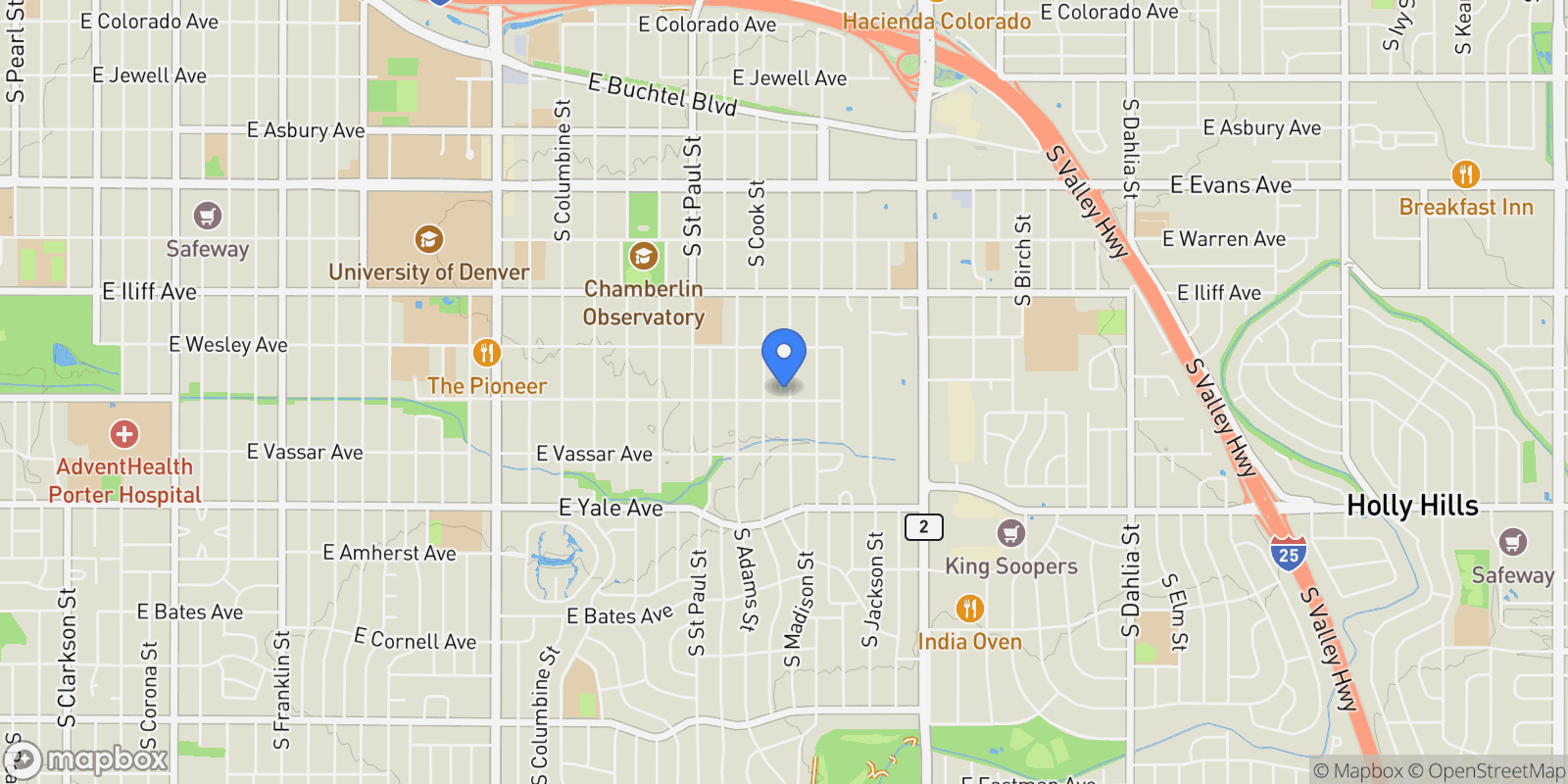 Map showing 2485 S Madison Street, Denver, Colorado, United States.