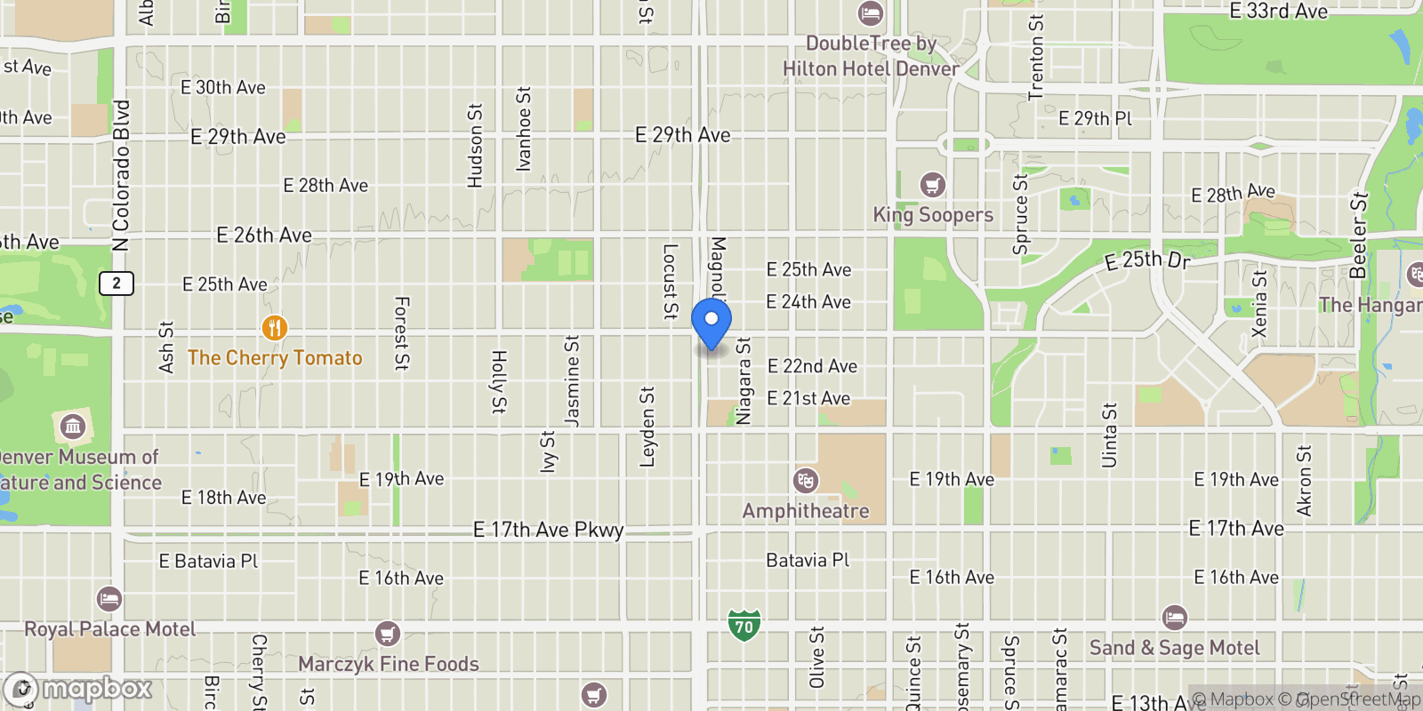 Map showing 2212 Monaco Street, Denver, Colorado, United States.