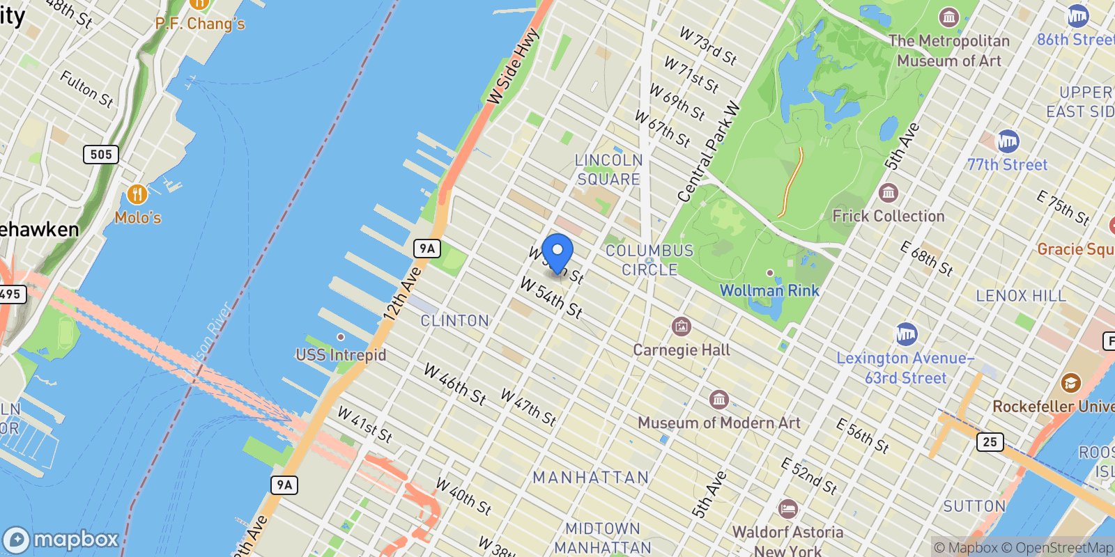 Map showing Loft 55, 419 W 55TH ST, New York, New York, United States.