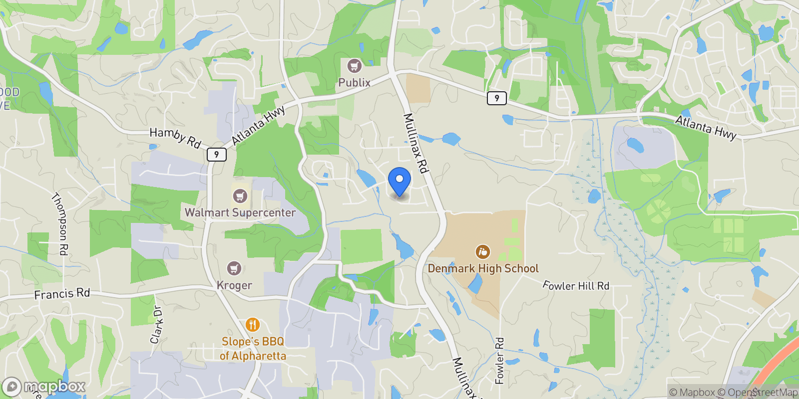 Map showing 915 Elmsbrook Lane, Milton, Georgia, United States.
