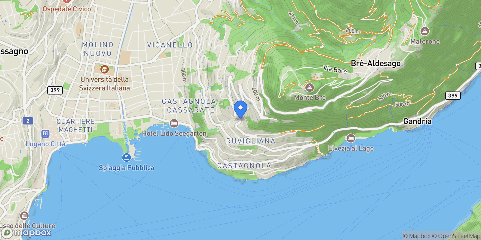 Map showing Ruvigliana alta, Ruvigliana, TI 6977, Lugano, Ticino, Switzerland.
