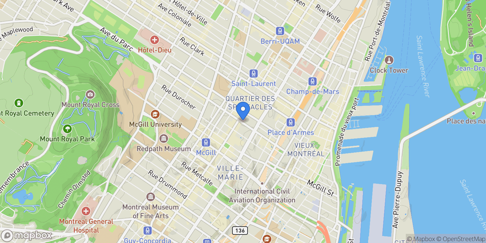 Map showing 1245 Rue de Bleury, Montréal, QC H3B 0C2, Canada, Montréal, Quebec, Canada.