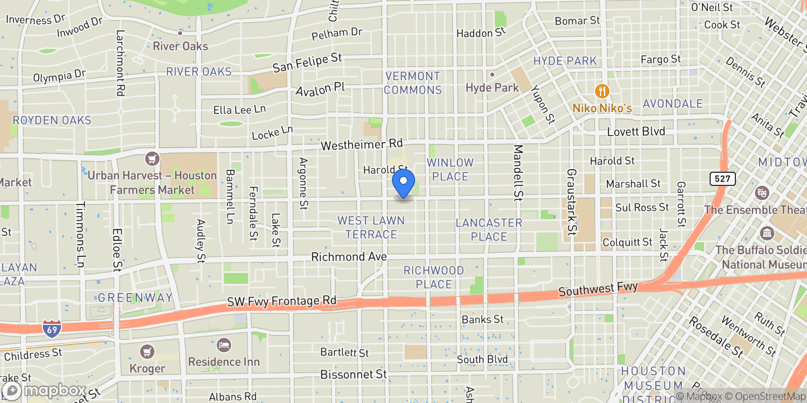 Map showing 2025 W Alabama Street, Houston, TX 77098, Houston, Texas, United States.