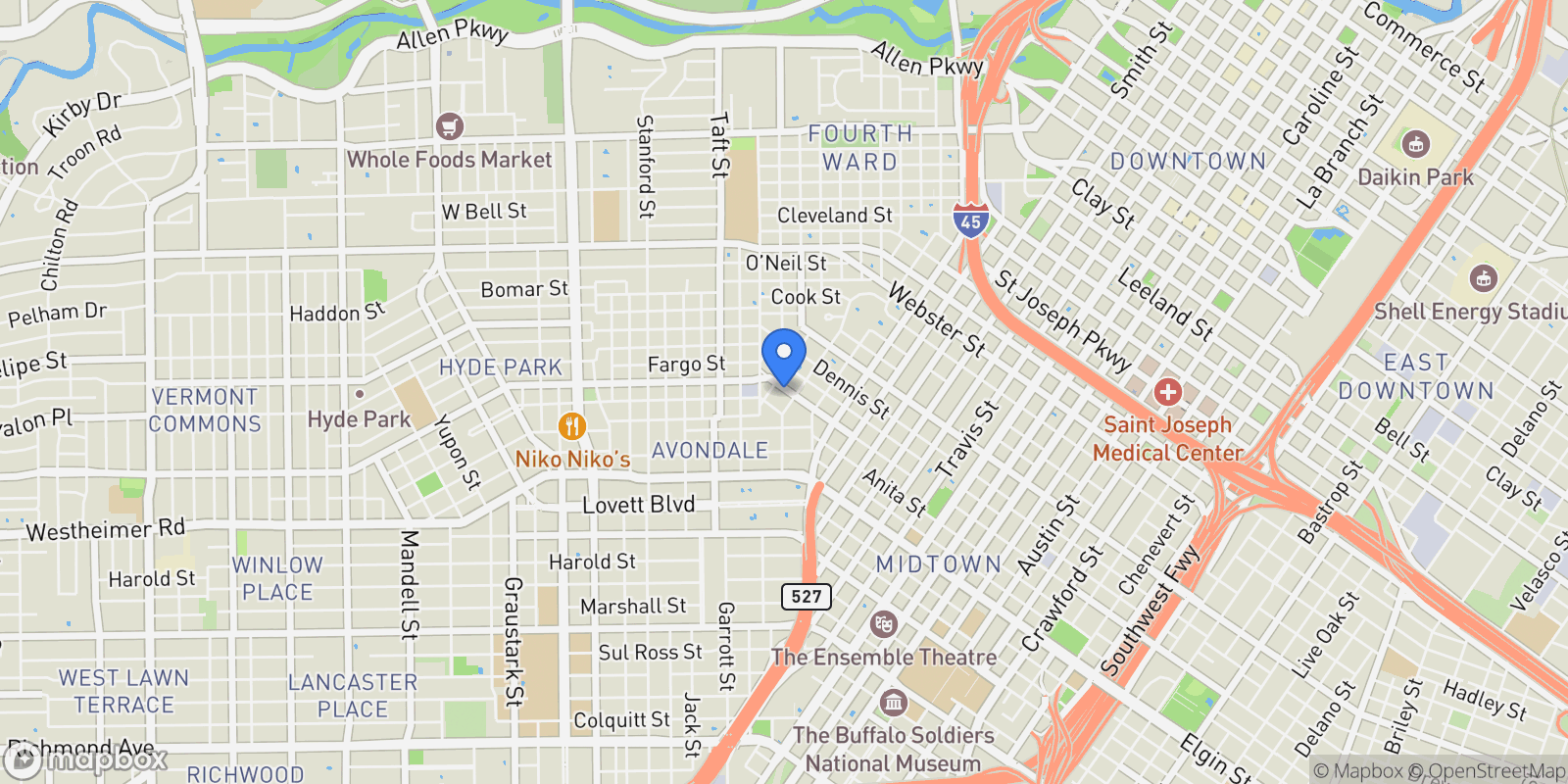 Map showing 118 Tuam Street, Houston, TX 77006, Houston, Texas, United States.