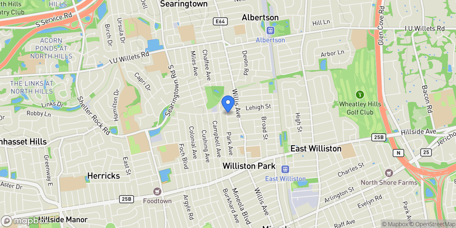 Map showing 225 Park Avenue, Williston Park, NY 11596, East Williston, New York, United States.