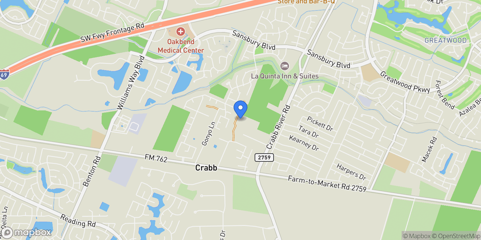 Map showing 415 Crabb River Road, Richmond, TX 77469, Rosenberg, Texas, United States.