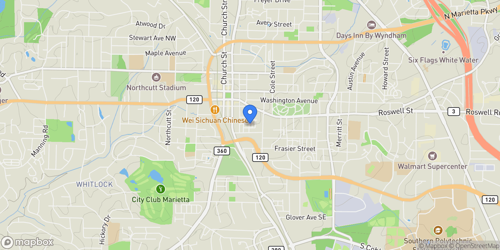 Map showing 307 Green Street SE, Marietta, Georgia, United States.