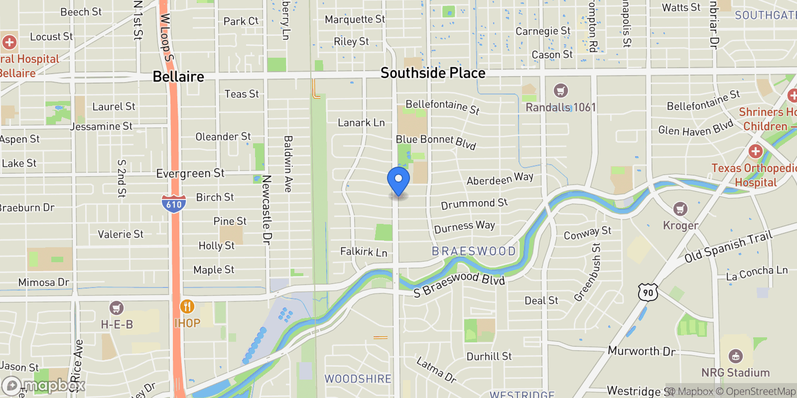 Map showing 3851 Merrick Street, Houston, Texas, United States.