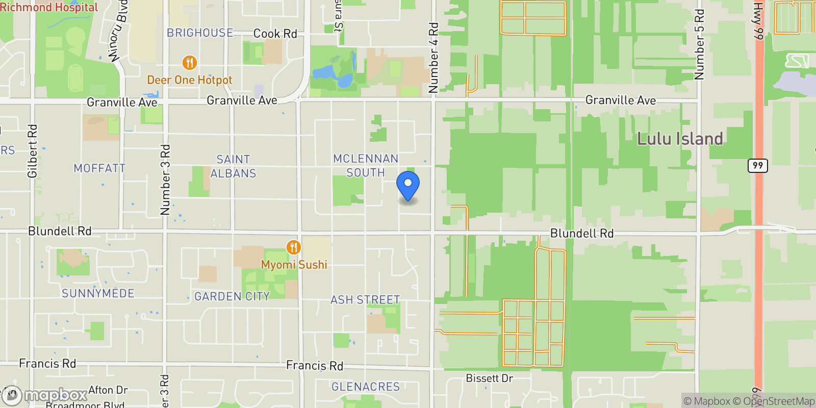 Map showing 7640 Bridge Street, Richmond, BC, V6Y2S7, CANADA, Richmond, British Columbia, Canada.