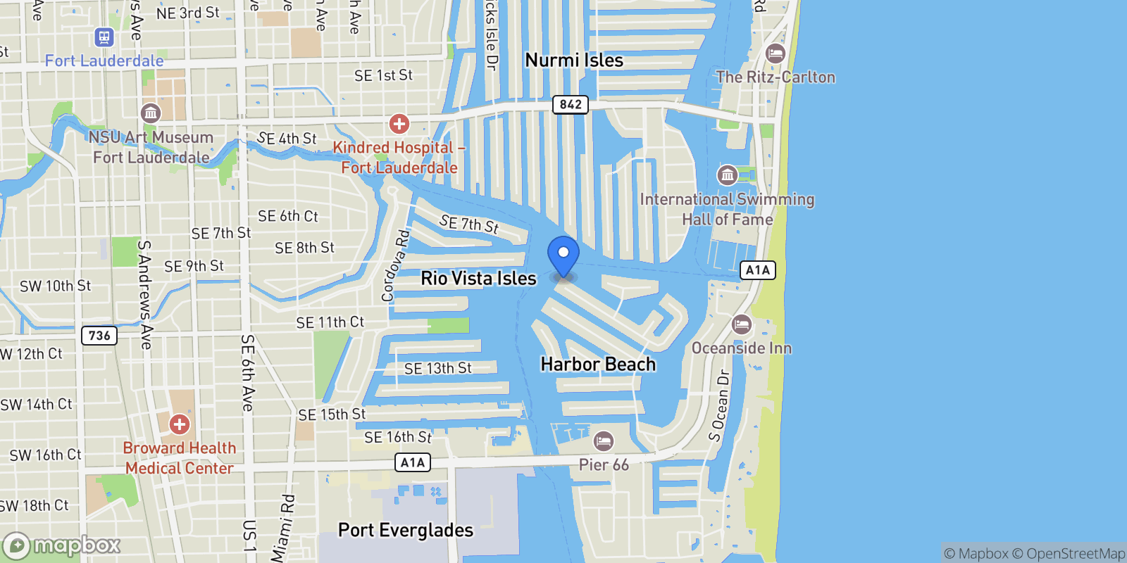 Map showing 1 Isla Bahia Dr, Fort Lauderdale, Florida, United States.