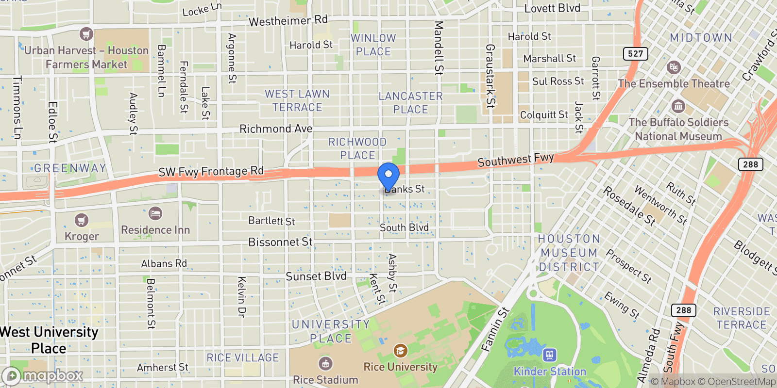 Map showing 1741 Banks Street, Houston, Texas, United States.