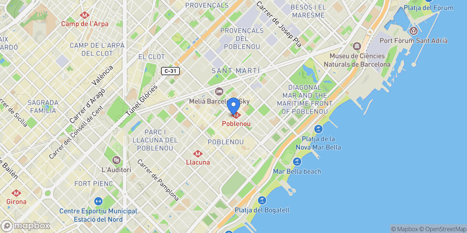 Map showing El Poblenou, Sant Martí, Barcelona, Spain, Sant Marti, Barcelona, Spain.