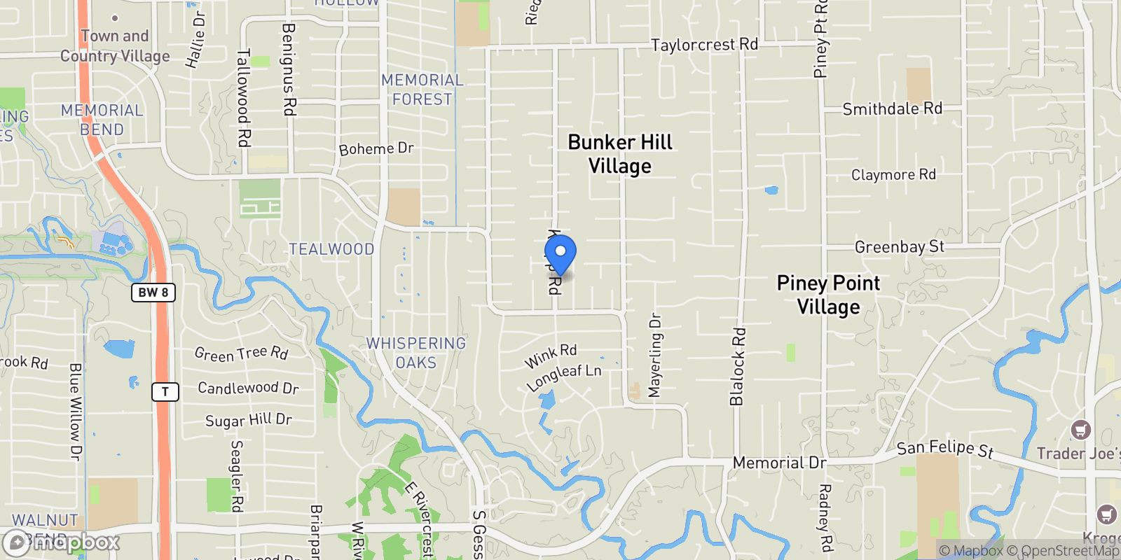 Map showing 318 Knipp Road, Houston, Texas, United States.