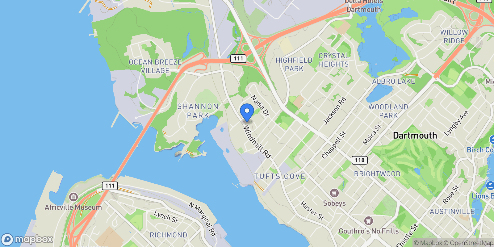 Map showing 364 Windmill Road, Dartmouth, Nova Scotia, Canada.