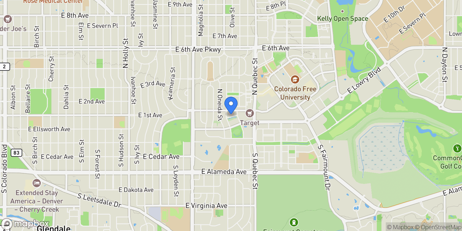 Map showing 6975 E Irvington Place, Denver, Colorado, United States.
