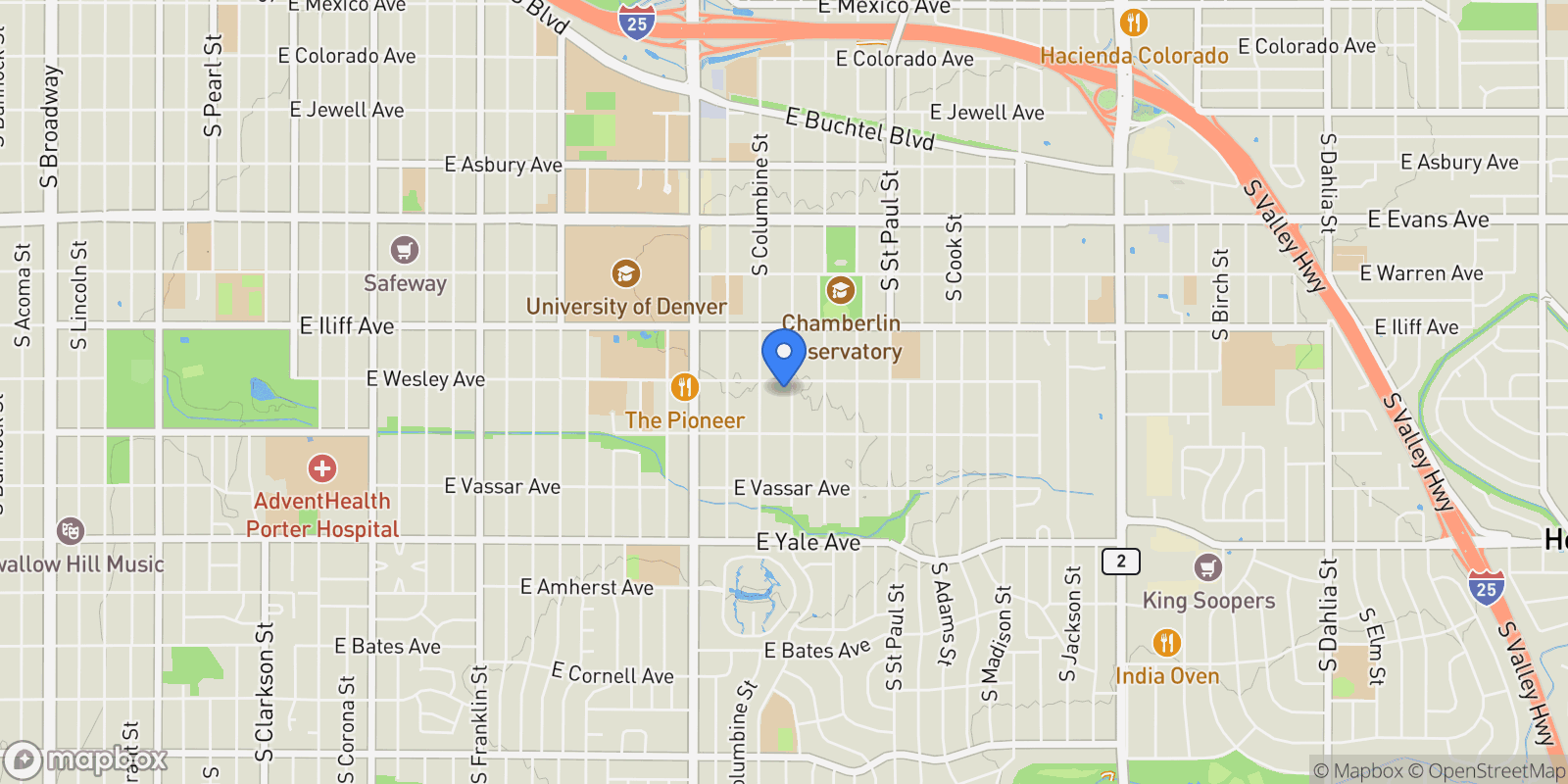 Map showing 2419 S Clayton Street , Denver, CO 80210, Denver, Colorado, United States.