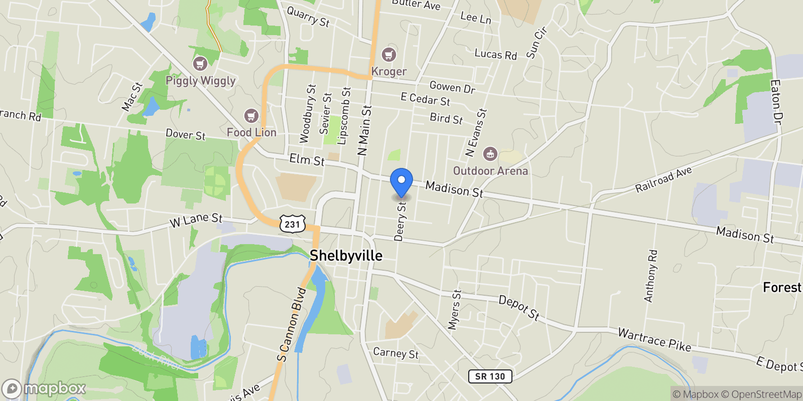 Map showing 527 Deery St, Shelbyville, TN 37160, Shelbyville, Tennessee, United States.