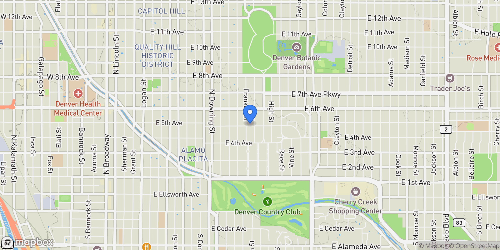 Map showing 1617 E 5th Avenue , Denver, CO 80218, Denver, Colorado, United States.